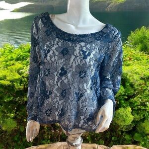 Aqua floral lace crochet boat neck flowy boho chic bohemian top M